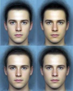 The top row is before (left) and after (right) beta-carotene supplements. The bottom is row is before and after supplement with the "dummy pills." Women tend to rate the dude at the top right as 50% more attractive and healthier looking. Eat those carrots, guys! (Credit: Yong Zhi Foo)